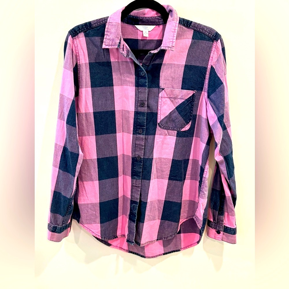 Pink and Blue Plaid Button-Up Shirt